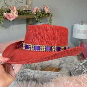 Something Special Red Straw Hat Sun Beaded Gold Purple Womens